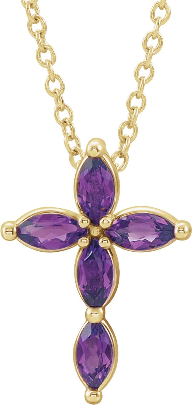 14K Gold Marquise Natural Amethyst Cross Necklace or Pendant - Yellow Gold