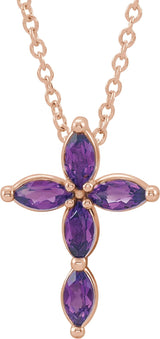 14K Gold Marquise Natural Amethyst Cross Necklace or Pendant - Rose Gold
