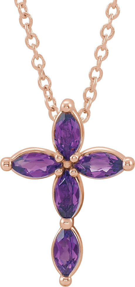 14K Gold Marquise Natural Amethyst Cross Necklace or Pendant - Rose Gold