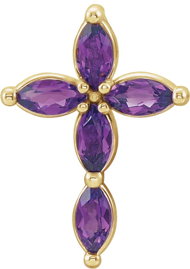 14K Gold Marquise Natural Amethyst Cross Necklace or Pendant - Yellow Gold