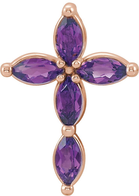 14K Gold Marquise Natural Amethyst Cross Necklace or Pendant - Rose Gold