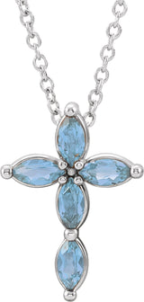 14K Gold Marquise Natural Aquamarine Cross Necklace or Pendant - White Gold