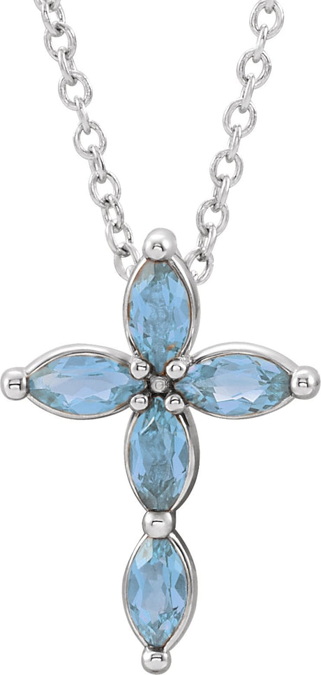 14K Gold Marquise Natural Aquamarine Cross Necklace or Pendant - White Gold