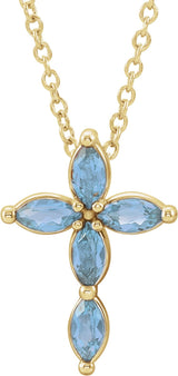 14K Gold Marquise Natural Aquamarine Cross Necklace or Pendant - Yellow Gold