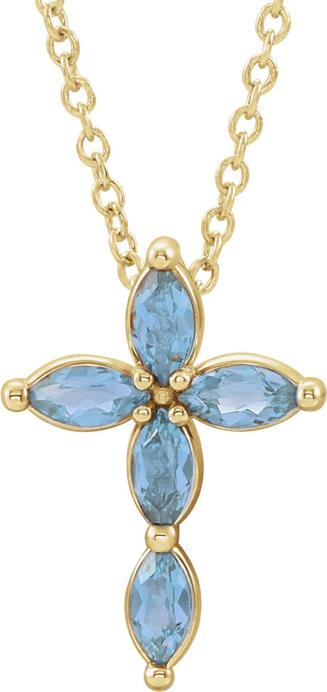 14K Gold Marquise Natural Aquamarine Cross Necklace or Pendant - Yellow Gold