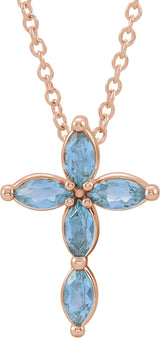 14K Gold Marquise Natural Aquamarine Cross Necklace or Pendant - Rose Gold