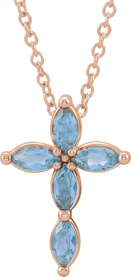 14K Gold Marquise Natural Aquamarine Cross Necklace or Pendant - Rose Gold