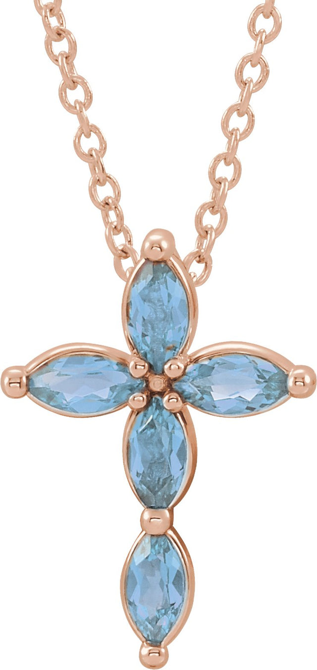 14K Gold Marquise Natural Aquamarine Cross Necklace or Pendant - Rose Gold