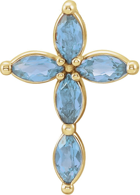 14K Gold Marquise Natural Aquamarine Cross Necklace or Pendant - Yellow Gold