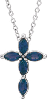 14K Gold Marquise Natural Blue Sapphire Cross Necklace or Pendant - White Gold