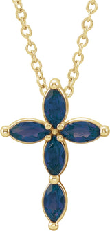 14K Gold Marquise Natural Blue Sapphire Cross Necklace or Pendant - Yellow Gold