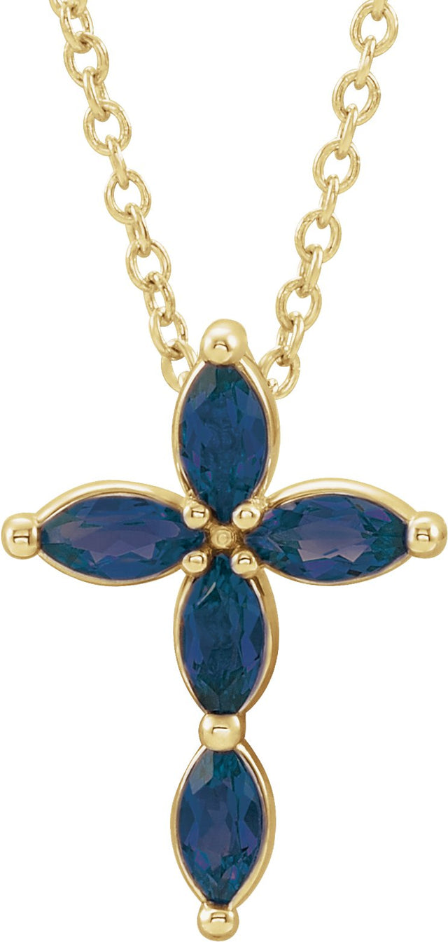 14K Gold Marquise Natural Blue Sapphire Cross Necklace or Pendant - Yellow Gold