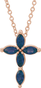14K Gold Marquise Natural Blue Sapphire Cross Necklace or Pendant - Rose Gold