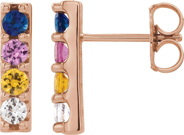 14K Gold Round Natural Multi-Gemstone Accented Bar Earrings - Rose Gold