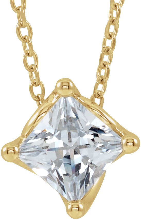 14K Gold Square Natural Diamond Solitaire Necklace or Slide Pendant - Yellow Gold