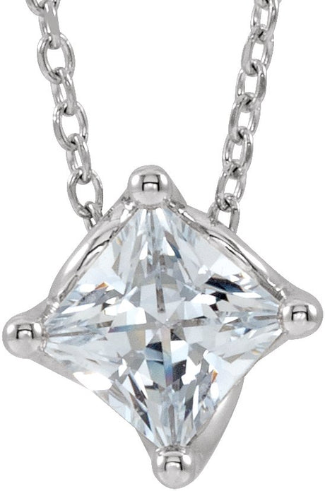 14K Gold Square Natural White Sapphire Solitaire Necklace or Slide Pendant - White Gold
