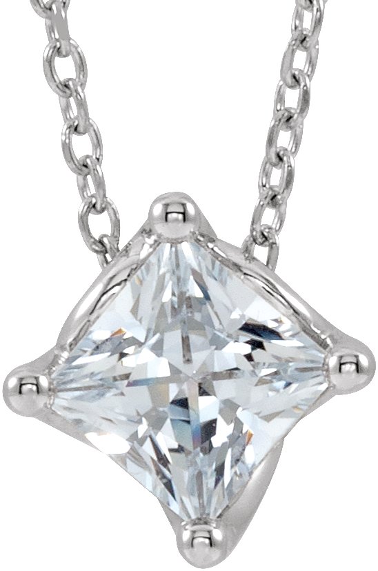 14K Gold Square Natural White Sapphire Solitaire Necklace or Slide Pendant - White Gold