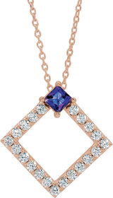 14K Gold Square Natural Amethyst Accented Geometric Necklace or Pendant - Rose Gold
