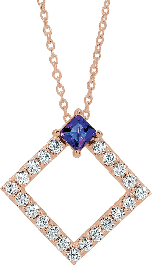 14K Gold Square Natural Amethyst Accented Geometric Necklace or Pendant - Rose Gold