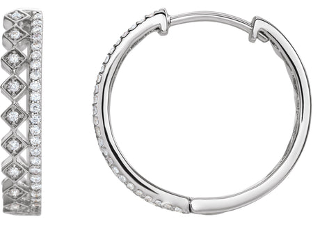 14K Gold Round Natural Diamond Geometric Hoop Earrings – 0.9mm Stones - White Gold