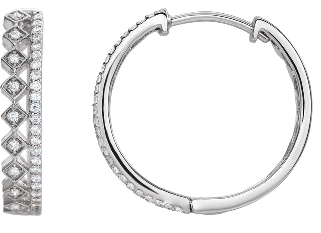 14K Gold Round Natural Diamond Geometric Hoop Earrings – 0.9mm Stones - White Gold
