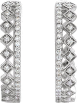 14K Gold Round Natural Diamond Geometric Hoop Earrings – 0.9mm Stones - White Gold - view 2