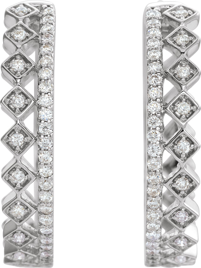 14K Gold Round Natural Diamond Geometric Hoop Earrings – 0.9mm Stones - White Gold - view 2