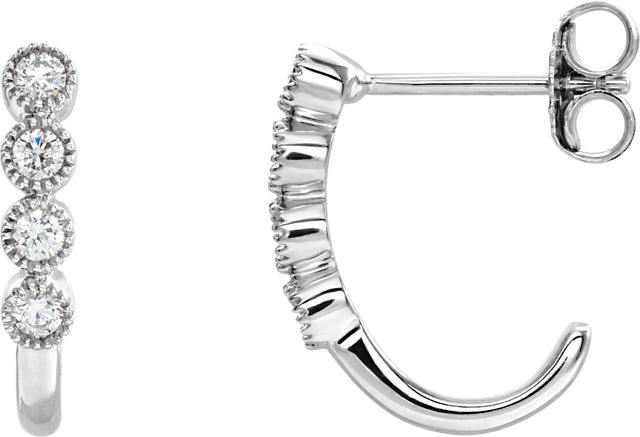 14K Gold Round Natural Diamond Accented J-Hoop Earrings – 2mm Stones - White Gold