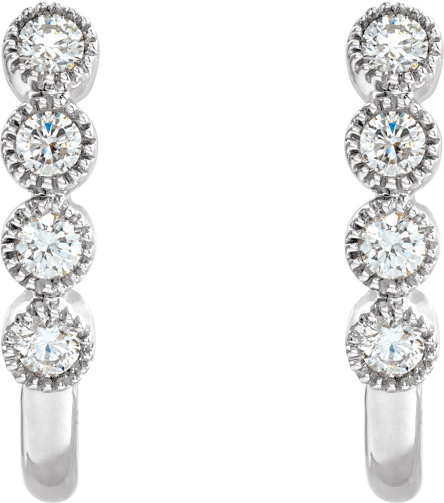 14K Gold Round Natural Diamond Accented J-Hoop Earrings – 2mm Stones - White Gold - view 2