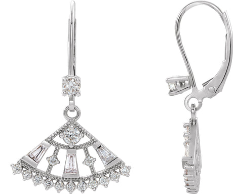 14K Gold Round Natural Diamond Fan Earrings - White Gold