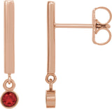 14K Gold Round Natural Ruby Bezel-Set Bar Earrings - Rose Gold