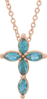 14K Gold Marquise Natural Blue Zircon Cross Necklace or Pendant - Rose Gold