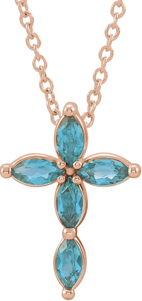14K Gold Marquise Natural Blue Zircon Cross Necklace or Pendant - Rose Gold