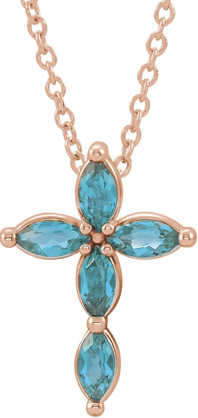 14K Gold Marquise Natural Blue Zircon Cross Necklace or Pendant - Rose Gold