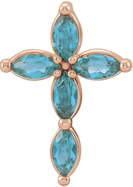 14K Gold Marquise Natural Blue Zircon Cross Necklace or Pendant - Rose Gold
