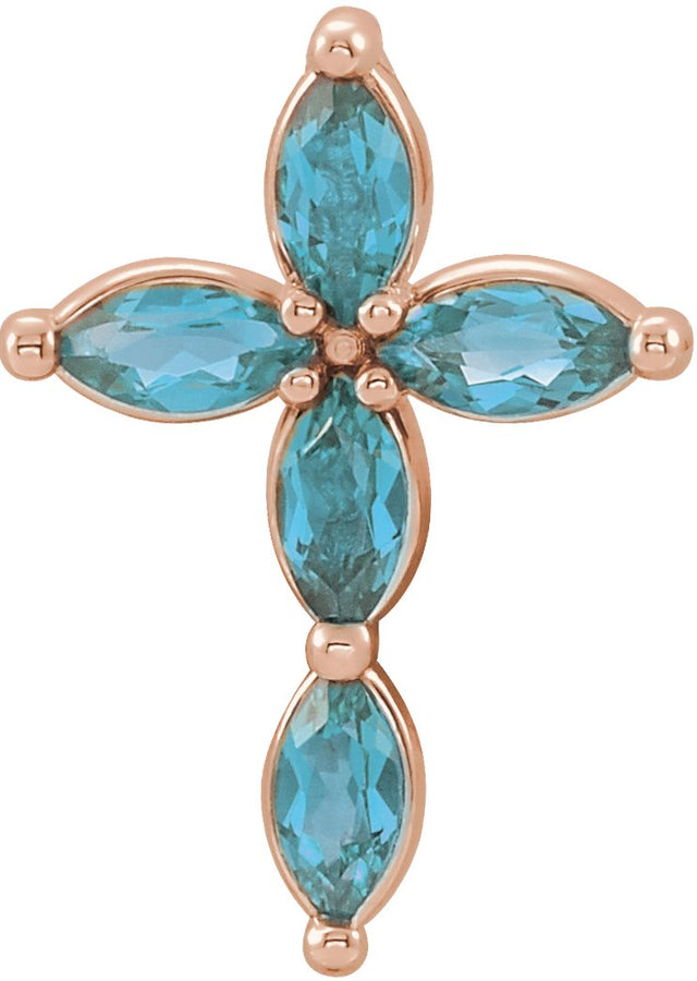 14K Gold Marquise Natural Blue Zircon Cross Necklace or Pendant - Rose Gold