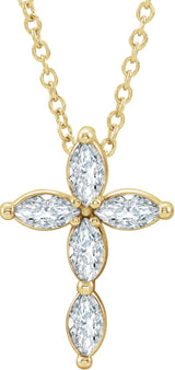 14K Gold Marquise Natural White Sapphire Cross Necklace or Pendant - Yellow Gold