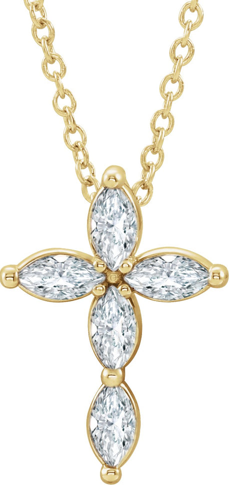 14K Gold Marquise Natural White Sapphire Cross Necklace or Pendant - Yellow Gold