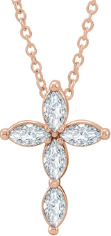 14K Gold Marquise Natural White Sapphire Cross Necklace or Pendant - Rose Gold