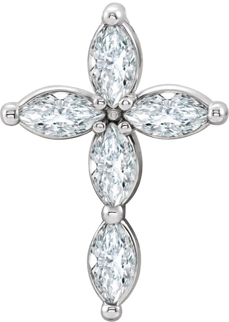 14K Gold Marquise Natural White Sapphire Cross Necklace or Pendant - White Gold
