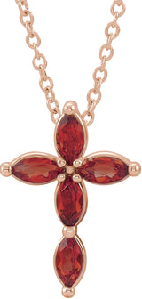 14K Gold Marquise Natural Mozambique Garnet Cross Necklace or Pendant - Rose Gold