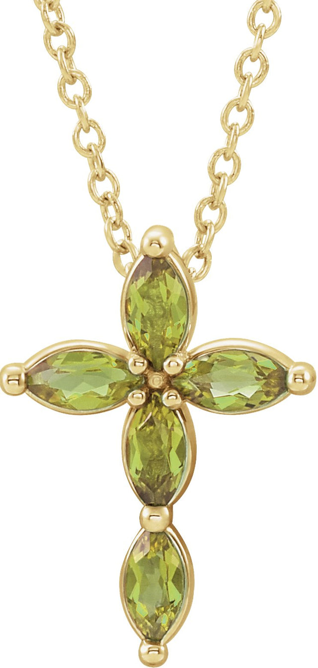 14K Gold Marquise Natural Peridot Cross Necklace or Pendant - Yellow Gold