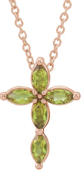 14K Gold Marquise Natural Peridot Cross Necklace or Pendant - Rose Gold