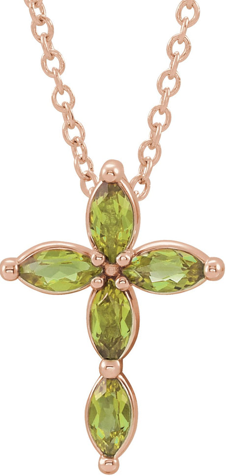 14K Gold Marquise Natural Peridot Cross Necklace or Pendant - Rose Gold