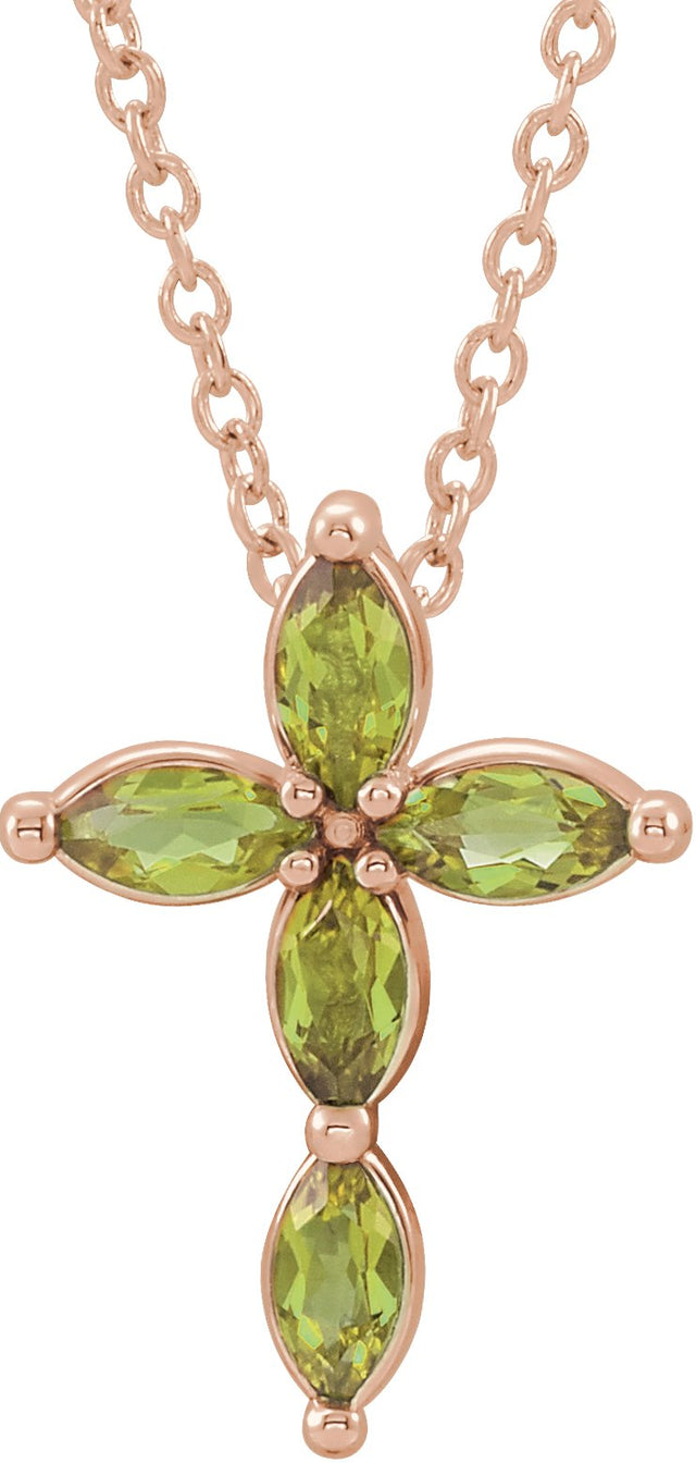 14K Gold Marquise Natural Peridot Cross Necklace or Pendant - Rose Gold