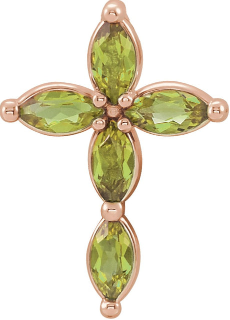 14K Gold Marquise Natural Peridot Cross Necklace or Pendant - Rose Gold