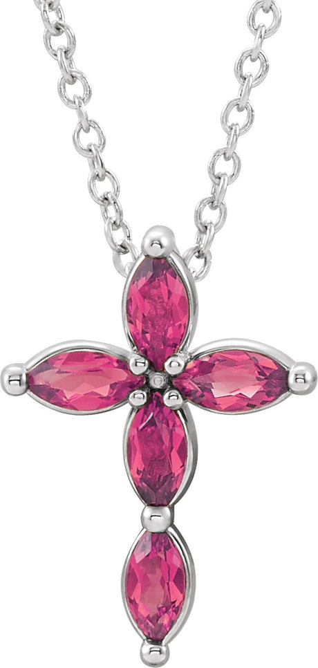 Platinum Marquise Natural Pink Tourmaline Cross Necklace or Pendant