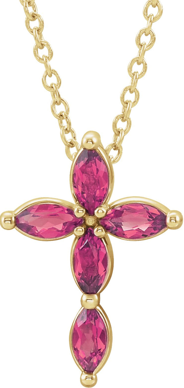 14K Gold Marquise Natural Pink Tourmaline Cross Necklace or Pendant - Yellow Gold