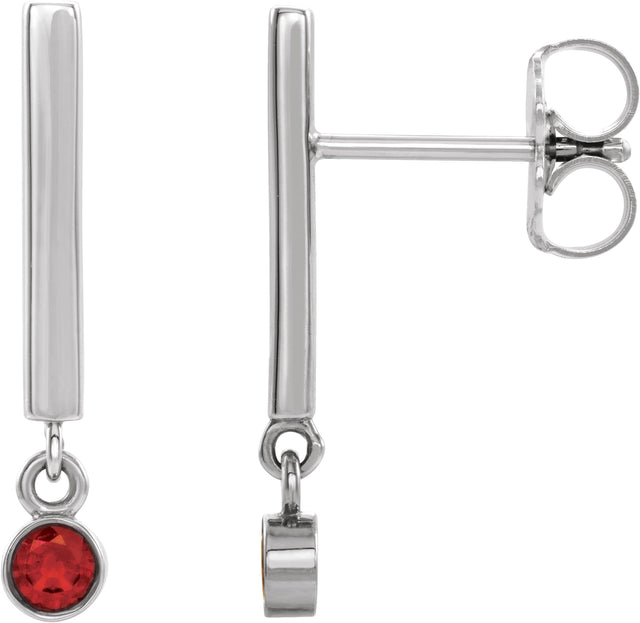 14K Gold Round Natural Ruby Bezel-Set Bar Earrings - White Gold
