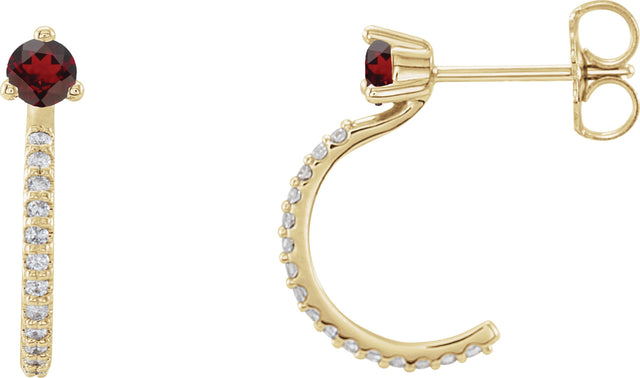 14K Gold Round Natural Mozambique Garnet Accented J-Hoop Earrings - Yellow Gold